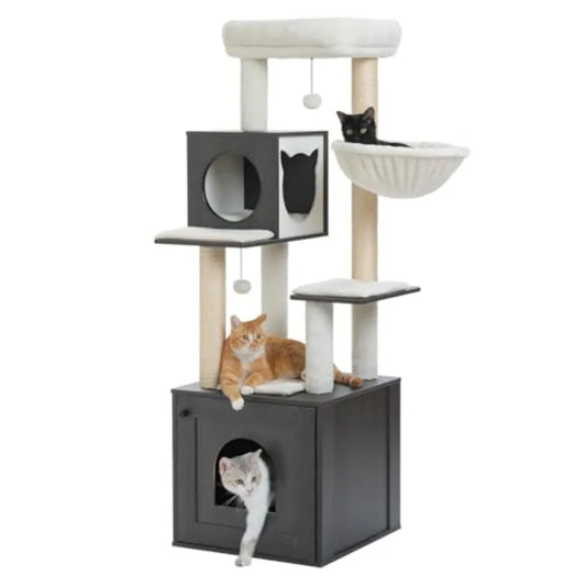All-in-One Wooden Cat Tree with Litter Bo