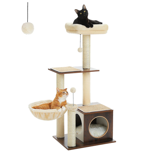 Modern Multi-Level Wooden Cat Tree – Cozy Condo, Hammock & Sisal Scratching Posts for Indoor Cats