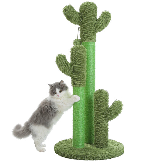 Cactus Cat Scratching Post – Tall Indoor Cat Scratcher with 3 Sisal Poles & Interactive Dangling Ball Toys