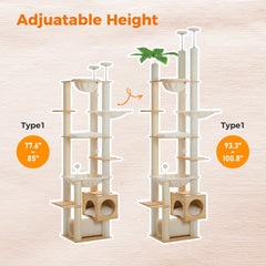 Floor-to-Ceiling Adjustable Wooden Cat Tree Tower with Hammock & Condo – Heavy-Duty Sisal Scratching Posts