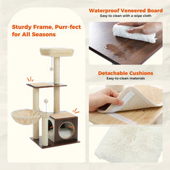 Modern Multi-Level Wooden Cat Tree – Cozy Condo, Hammock & Sisal Scratching Posts for Indoor Cats
