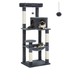 Cat Tree Tower with Hammock, Scratching Posts & Toy Mice – Gray, Beige, Dark Gray, Black