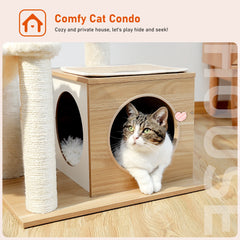 Modern Multi-Level Wooden Cat Tree – Cozy Condo, Hammock & Sisal Scratching Posts for Indoor Cats