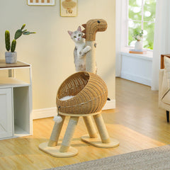 Dinosaur Cat Tree Tower with Sisal Scratching Post – Large Rattan Cat Condo with Wicker Bed, Removable Mat & Interactive Cat