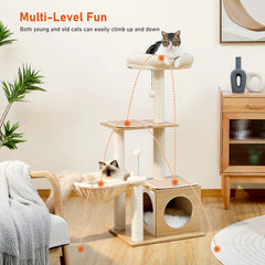 Modern Multi-Level Wooden Cat Tree – Cozy Condo, Hammock & Sisal Scratching Posts for Indoor Cats