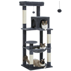 Cat Tree Tower with Hammock, Scratching Posts & Toy Mice – Gray, Beige, Dark Gray, Black