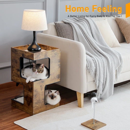 Modern Wooden Cat Condo House with Removable Soft Mats – Cat Tree Tower with Scratching Pad, Cozy Bed & Interactive Kitten Toys
