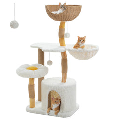 Modern Solid Wood Cat Tree Tower – Luxury Indoor Cat Condo with Cozy Hammock, Flower Bed, Scratching Post & Interactive Cat Toys