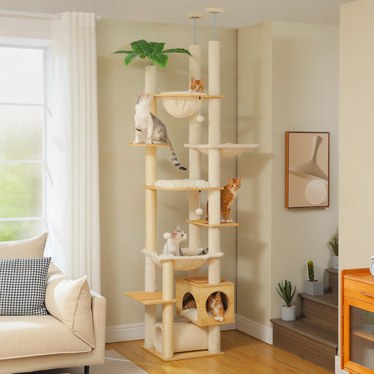 Floor-to-Ceiling Adjustable Wooden Cat Tree Tower with Hammock & Condo – Heavy-Duty Sisal Scratching Posts