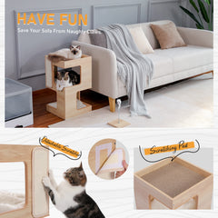 Modern Wooden Cat Condo House with Removable Soft Mats – Cat Tree Tower with Scratching Pad, Cozy Bed & Interactive Kitten Toys