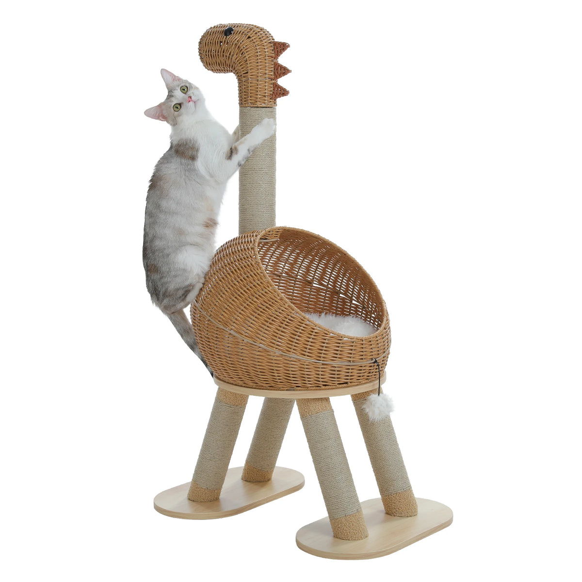 Dinosaur Cat Tree Tower with Sisal Scratching Post – Large Rattan Cat Condo with Wicker Bed, Removable Mat & Interactive Cat
