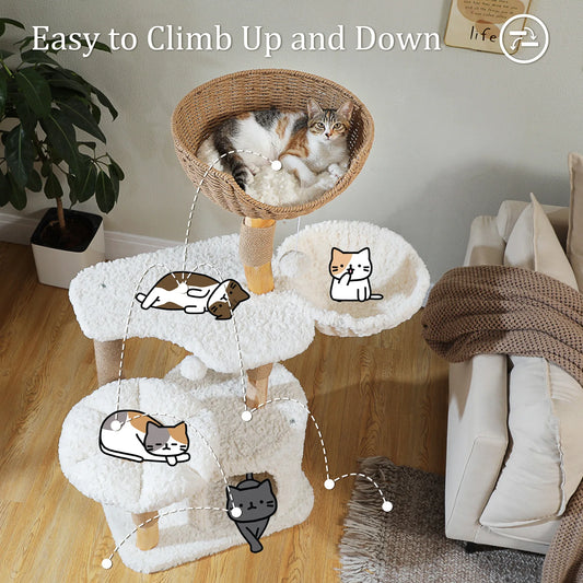 Modern Solid Wood Cat Tree Tower – Luxury Indoor Cat Condo with Cozy Hammock, Flower Bed, Scratching Post & Interactive Cat Toys