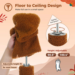 Floor-to-Ceiling Cat Tree Tower – Adjustable Height with Cozy Condo, Hammock & Scratching Posts, Tall Activity Center (Brown)