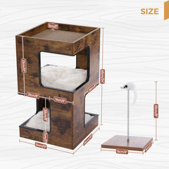 Modern Wooden Cat Condo House with Removable Soft Mats – Cat Tree Tower with Scratching Pad, Cozy Bed & Interactive Kitten Toys