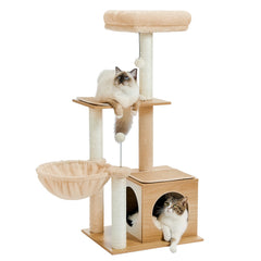 Modern Multi-Level Wooden Cat Tree – Cozy Condo, Hammock & Sisal Scratching Posts for Indoor Cats