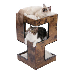 Modern Wooden Cat Condo House with Removable Soft Mats – Cat Tree Tower with Scratching Pad, Cozy Bed & Interactive Kitten Toys