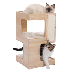 Modern Wooden Cat Condo House with Removable Soft Mats – Cat Tree Tower with Scratching Pad, Cozy Bed & Interactive Kitten Toys