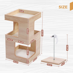Modern Wooden Cat Condo House with Removable Soft Mats – Cat Tree Tower with Scratching Pad, Cozy Bed & Interactive Kitten Toys