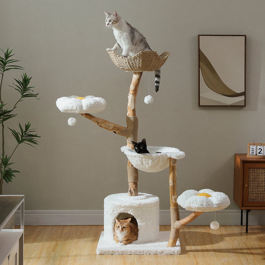Modern Large Cat Tree Tower with Wicker Basket Bed & Sisal Scratching Post – Stylish Indoor Cat Condo & Activity Center