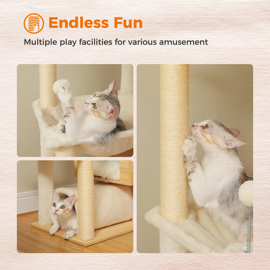 Floor-to-Ceiling Adjustable Wooden Cat Tree Tower with Hammock & Condo – Heavy-Duty Sisal Scratching Posts