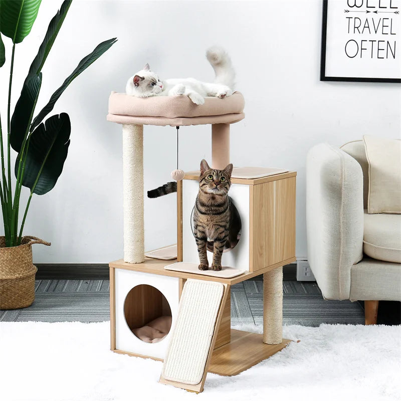 130CM Large Wooden Cat Tree – Double Condos, Hammock & Sisal Posts