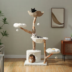 Modern Large Cat Tree Tower with Wicker Basket Bed & Sisal Scratching Post – Stylish Indoor Cat Condo & Activity Center