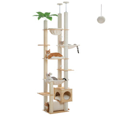 Floor-to-Ceiling Adjustable Wooden Cat Tree Tower with Hammock & Condo – Heavy-Duty Sisal Scratching Posts