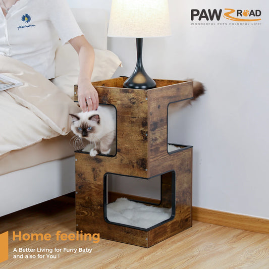 Modern Wooden Cat Condo House with Removable Soft Mats – Cat Tree Tower with Scratching Pad, Cozy Bed & Interactive Kitten Toys
