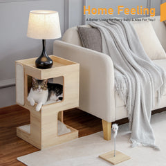 Modern Wooden Cat Condo House with Removable Soft Mats – Cat Tree Tower with Scratching Pad, Cozy Bed & Interactive Kitten Toys