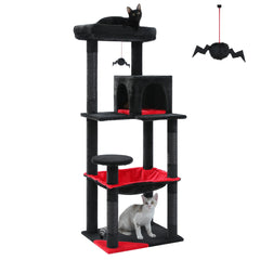 Cat Tree Tower with Hammock, Scratching Posts & Toy Mice – Gray, Beige, Dark Gray, Black