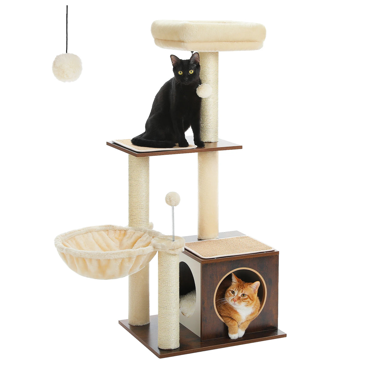 Modern Multi-Level Wooden Cat Tree – Cozy Condo, Hammock & Sisal Scratching Posts for Indoor Cats
