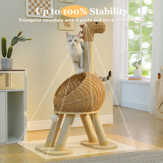 Dinosaur Cat Tree Tower with Sisal Scratching Post – Large Rattan Cat Condo with Wicker Bed, Removable Mat & Interactive Cat