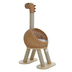 Dinosaur Cat Tree Tower with Sisal Scratching Post – Large Rattan Cat Condo with Wicker Bed, Removable Mat & Interactive Cat