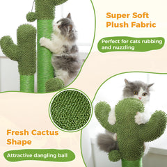 Cactus Cat Scratching Post – Tall Indoor Cat Scratcher with 3 Sisal Poles & Interactive Dangling Ball Toys