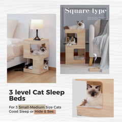 Modern Wooden Cat Condo House with Removable Soft Mats – Cat Tree Tower with Scratching Pad, Cozy Bed & Interactive Kitten Toys