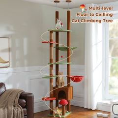 Floor-to-Ceiling Cat Tree Tower – Adjustable Height with Cozy Condo, Hammock & Scratching Posts, Tall Activity Center (Brown)
