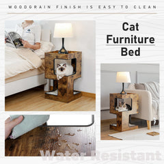 Modern Wooden Cat Condo House with Removable Soft Mats – Cat Tree Tower with Scratching Pad, Cozy Bed & Interactive Kitten Toys
