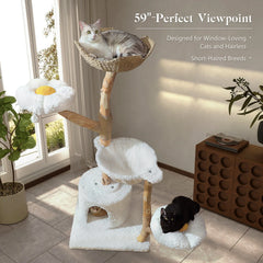 Modern Large Cat Tree Tower with Wicker Basket Bed & Sisal Scratching Post – Stylish Indoor Cat Condo & Activity Center