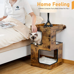 Modern Wooden Cat Condo House with Removable Soft Mats – Cat Tree Tower with Scratching Pad, Cozy Bed & Interactive Kitten Toys
