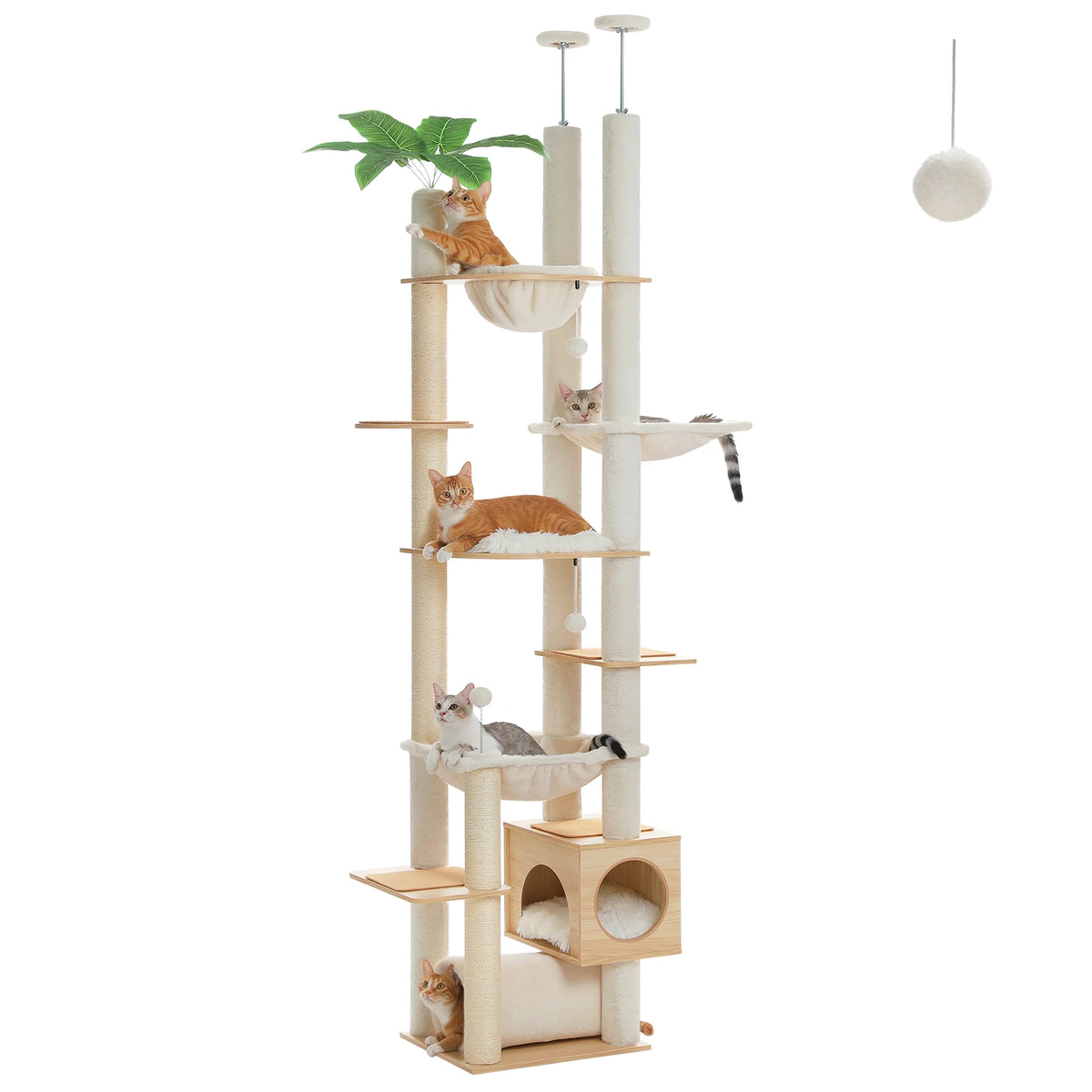 Floor-to-Ceiling Adjustable Wooden Cat Tree Tower with Hammock & Condo – Heavy-Duty Sisal Scratching Posts