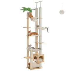 Floor-to-Ceiling Adjustable Wooden Cat Tree Tower with Hammock & Condo – Heavy-Duty Sisal Scratching Posts