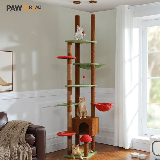 Floor-to-Ceiling Cat Tree Tower – Adjustable Height with Cozy Condo, Hammock & Scratching Posts, Tall Activity Center (Brown)