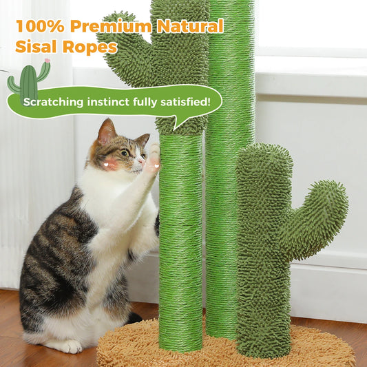 Cactus Cat Scratching Post – Tall Indoor Cat Scratcher with 3 Sisal Poles & Interactive Dangling Ball Toys