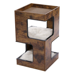 Modern Wooden Cat Condo House with Removable Soft Mats – Cat Tree Tower with Scratching Pad, Cozy Bed & Interactive Kitten Toys