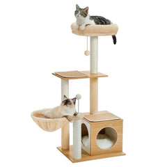 Modern Multi-Level Wooden Cat Tree – Cozy Condo, Hammock & Sisal Scratching Posts for Indoor Cats