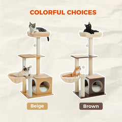 Modern Multi-Level Wooden Cat Tree – Cozy Condo, Hammock & Sisal Scratching Posts for Indoor Cats