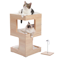 Modern Wooden Cat Condo House with Removable Soft Mats – Cat Tree Tower with Scratching Pad, Cozy Bed & Interactive Kitten Toys