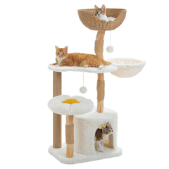 Modern Solid Wood Cat Tree Tower – Luxury Indoor Cat Condo with Cozy Hammock, Flower Bed, Scratching Post & Interactive Cat Toys