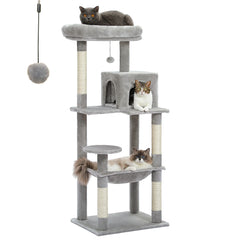 Cat Tree Tower with Hammock, Scratching Posts & Toy Mice – Gray, Beige, Dark Gray, Black