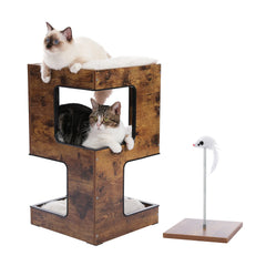 Modern Wooden Cat Condo House with Removable Soft Mats – Cat Tree Tower with Scratching Pad, Cozy Bed & Interactive Kitten Toys
